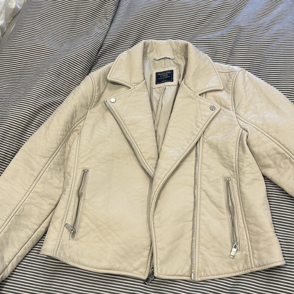 White leather cropped motorcycle jacket